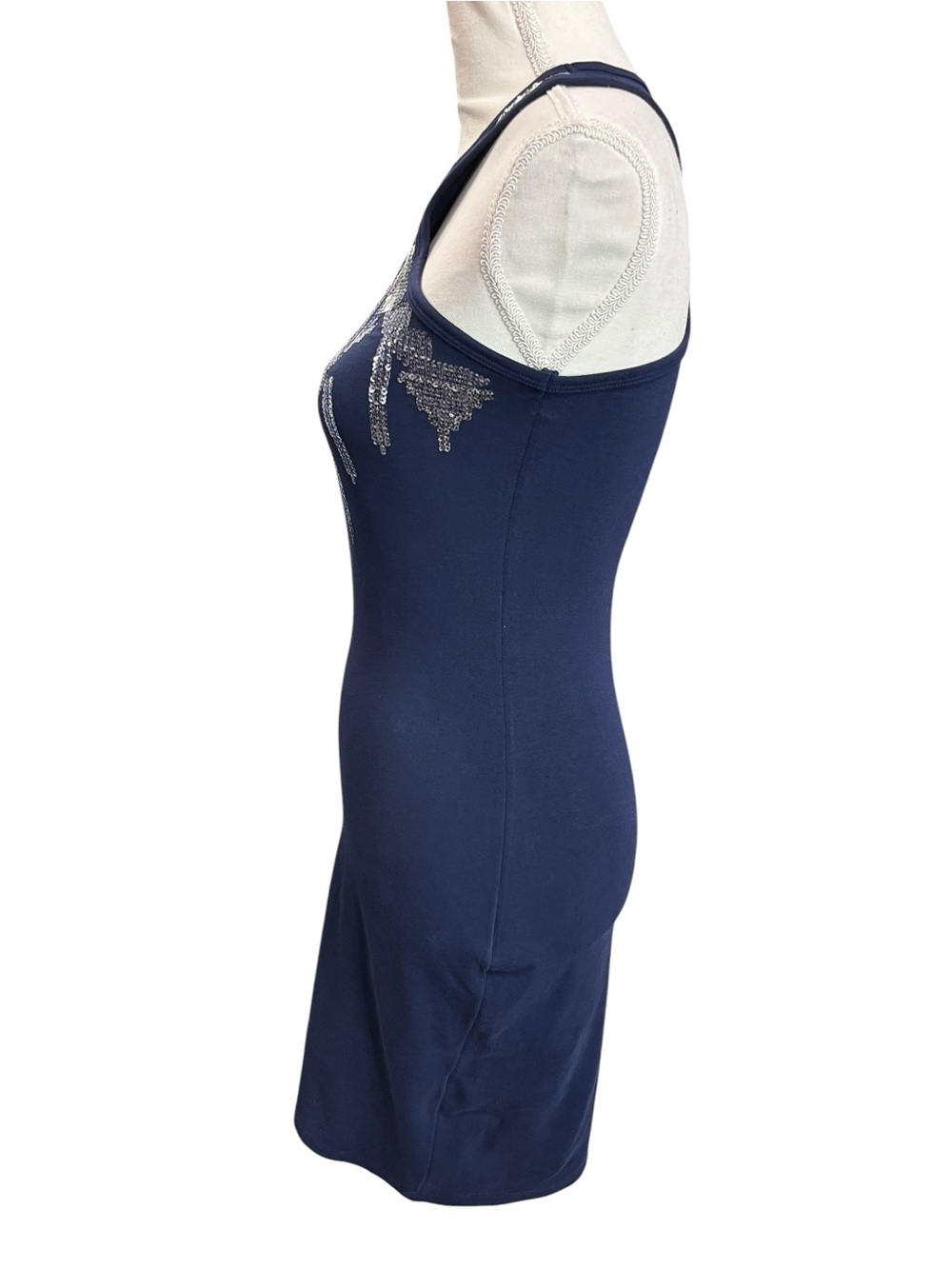 Express Sequin Aztec Bodycon Dress XS Navy Blue Racerback Stretch Mini - Picture 6 of 10